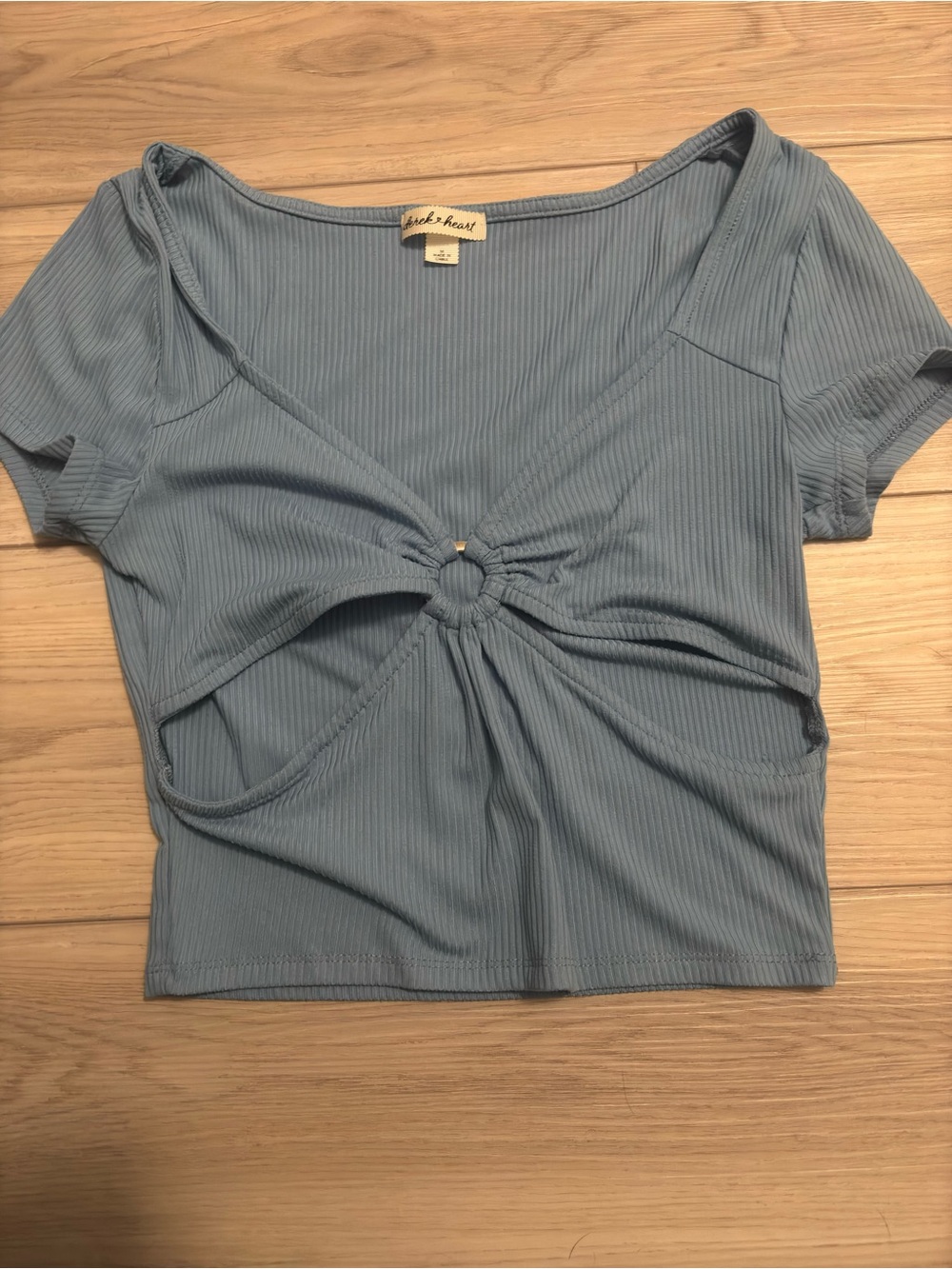 Derek Heart Dusty Blue Ring-Front Ribbed Crop Top